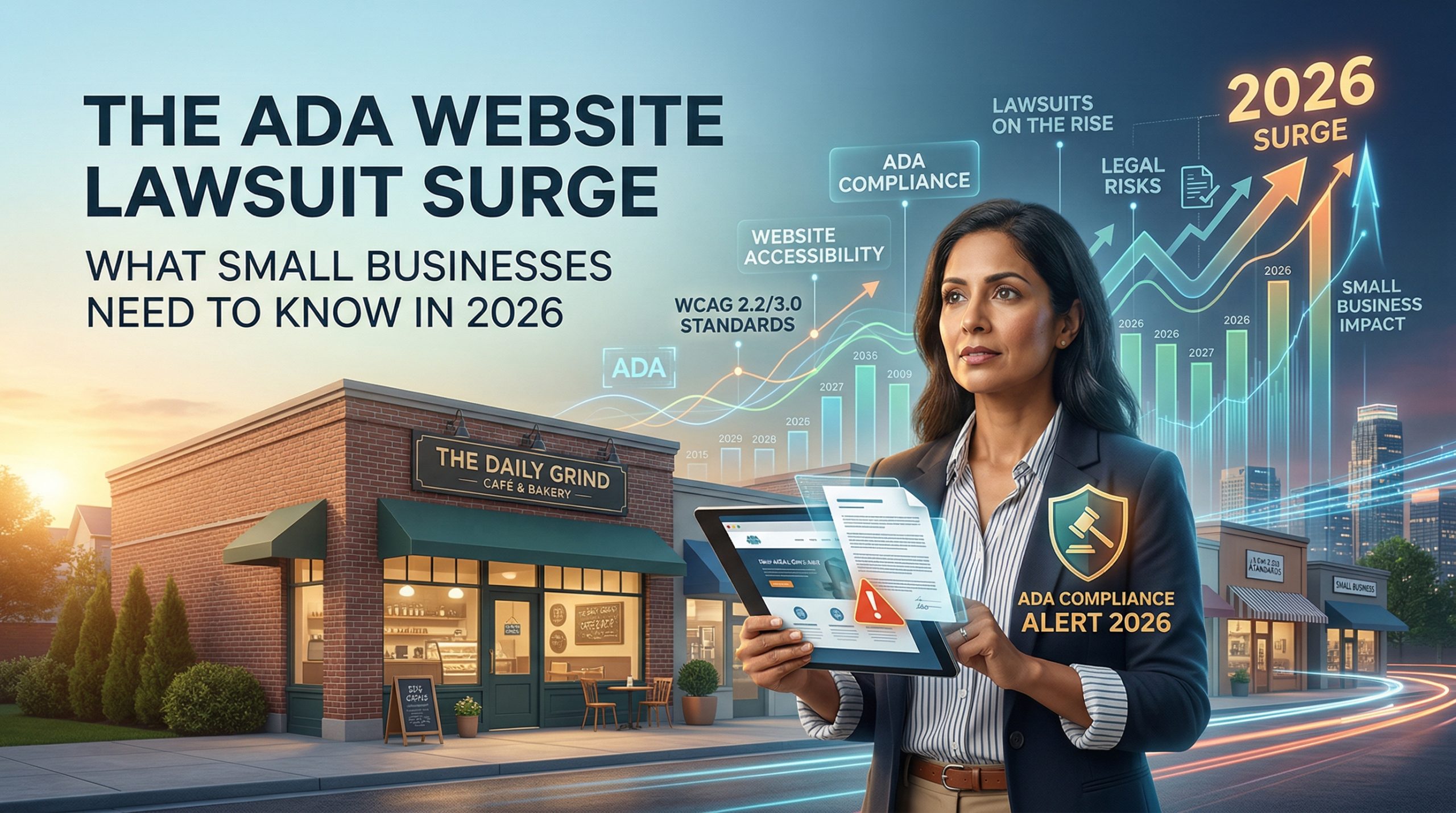 Business owner reviewing ADA website compliance alert on tablet in front of small business storefront