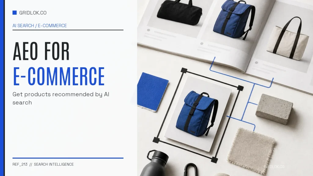 AEO for ecommerce editorial showing a product catalog and selected blue backpack prepared for AI search recommendations