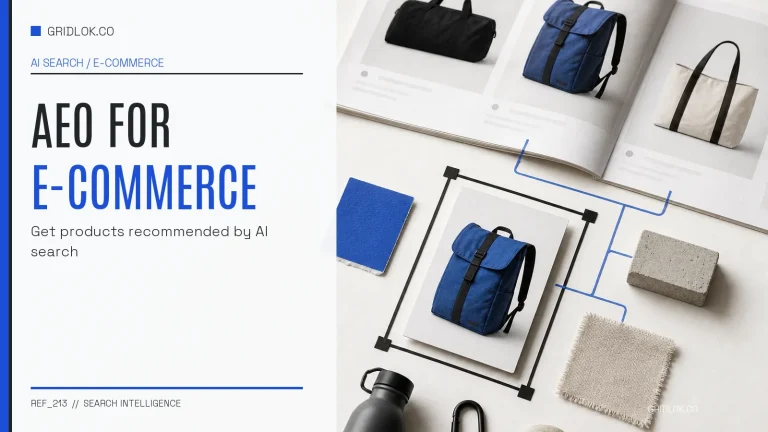AEO for ecommerce editorial showing a product catalog and selected blue backpack prepared for AI search recommendations