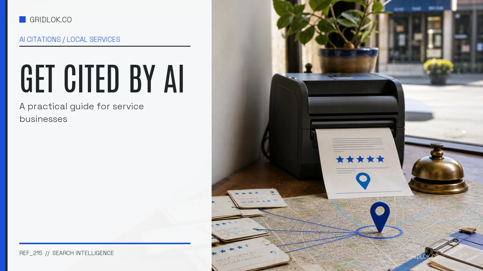 Local service business citation scene with reviews, map evidence, and a printed AI recommendation
