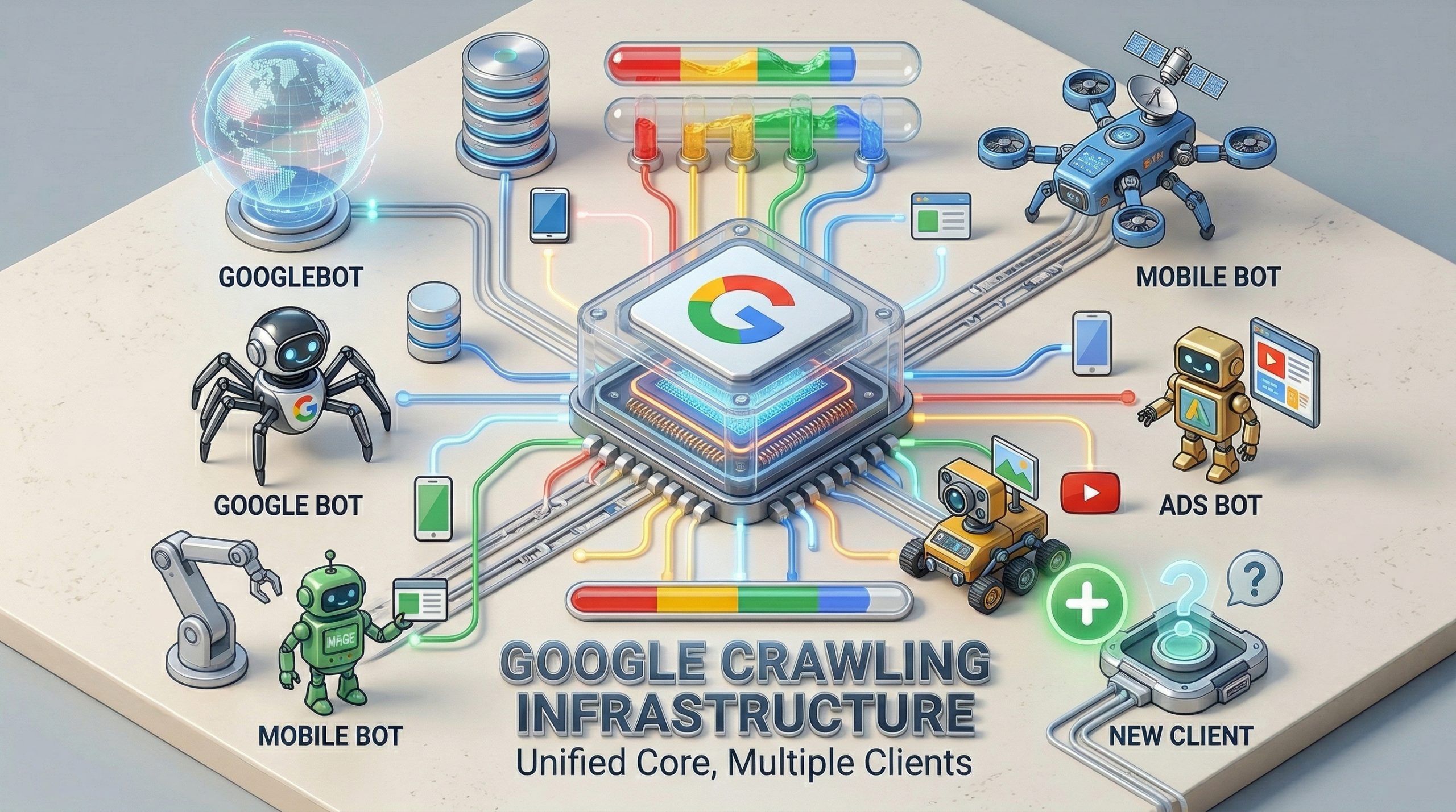 Diagram showing Google crawling infrastructure as a unified core platform with multiple crawler clients including Googlebot, Mobile Bot, and Ads Bot connecting through API endpoints