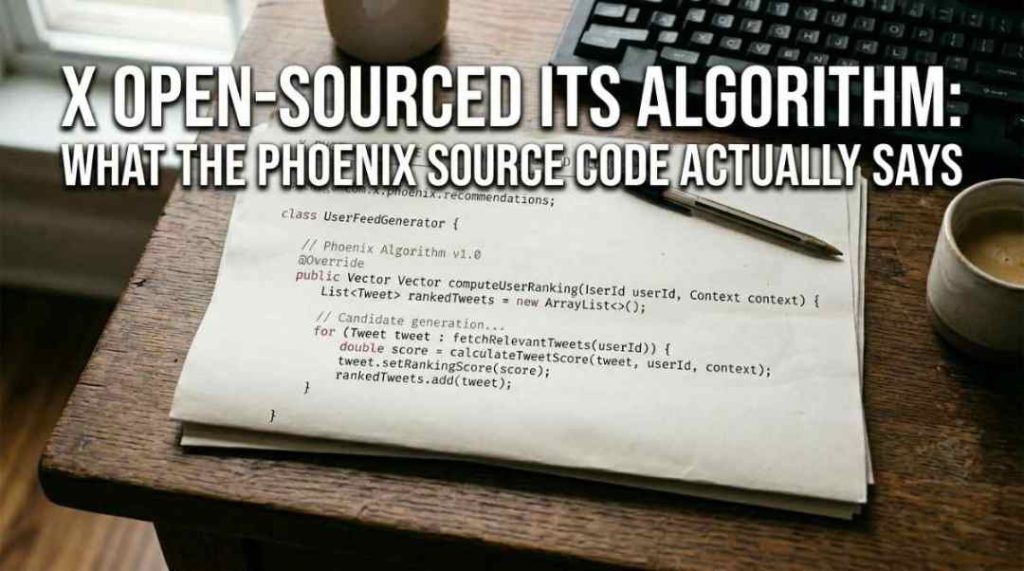 X Phoenix algorithm open-source announcement showing engagement weights and Grok-powered recommendation system