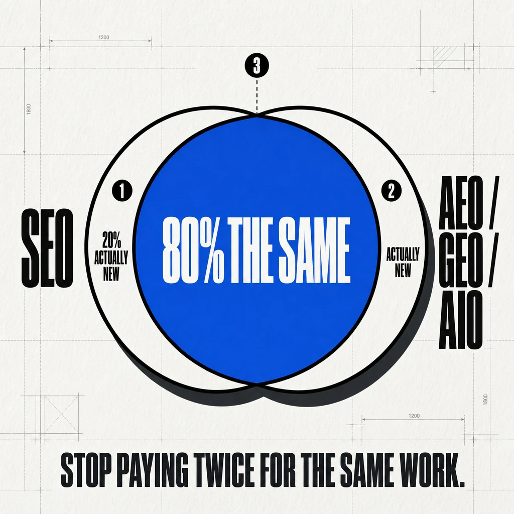 Brutalist Venn diagram showing SEO and AEO/GEO/AIO circles with 80% overlap labeled in royal blue, captioned: Stop Paying Twice for the Same Work