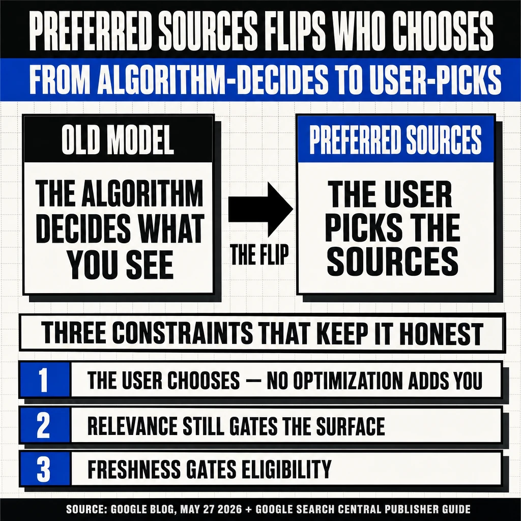 Brutalist diagram contrasting old model (algorithm decides what you see) with new Preferred Sources model (the user picks the sources), plus the three constraints that keep it honest: the user chooses, relevance still gates the surface, and freshness gates eligibility