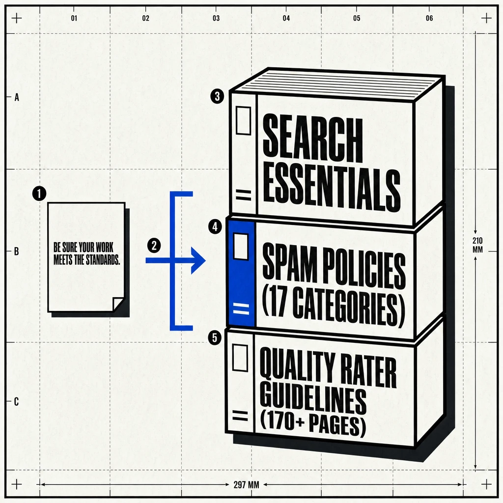 Neo-brutalist illustration showing a single sheet labeled BE SURE YOUR WORK MEETS THE STANDARDS next to a tall stack of Google policy documents (Search Essentials, Spam Policies, Quality Rater Guidelines)