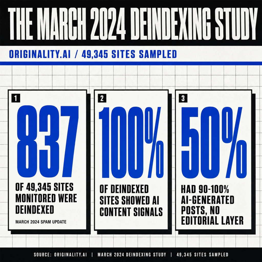 Bar chart showing March 2024 Originality.ai study results: 837 of 49,345 monitored sites deindexed, 100% of deindexed sites showed AI signals, 50% had 90-100% AI content