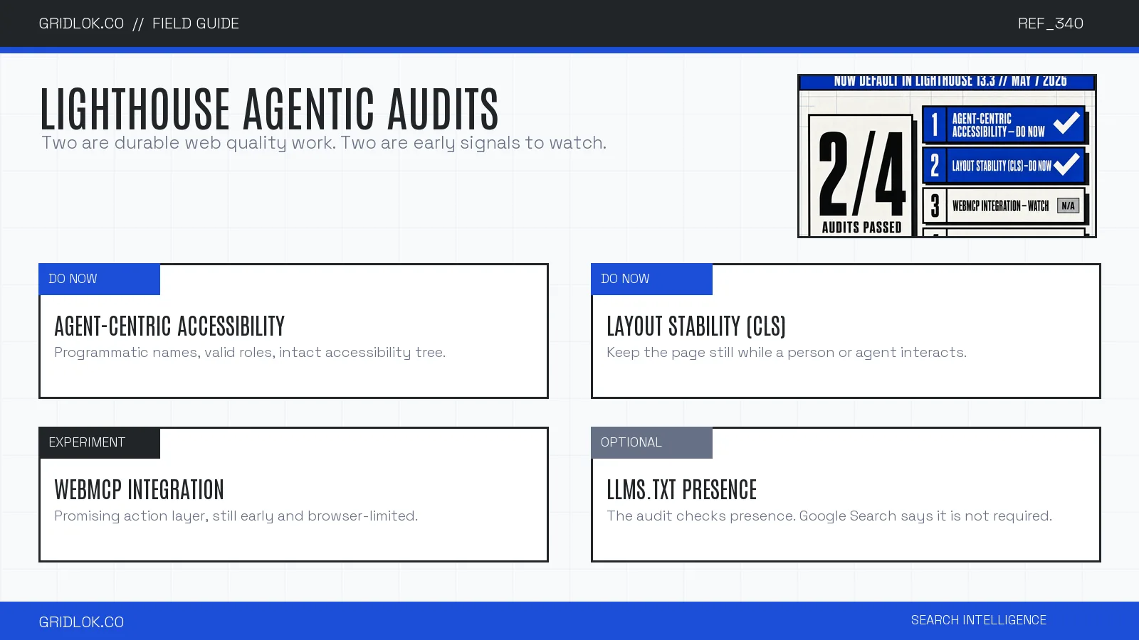 Chrome Lighthouse agentic browsing audit scorecard ranking accessibility, layout stability, WebMCP, and llms.txt