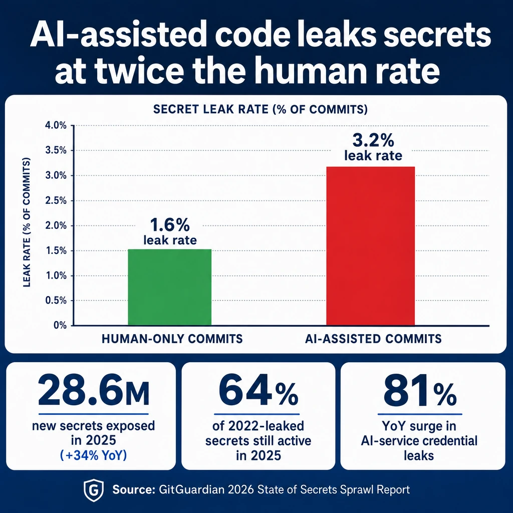 AI-assisted code leaks secrets at roughly double the human rate per GitGuardian and Truffle Security data