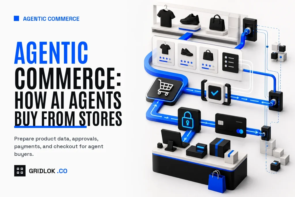 Agentic commerce hero showing universal cart, approval, secure payment, merchant checkout, and agent buying flow