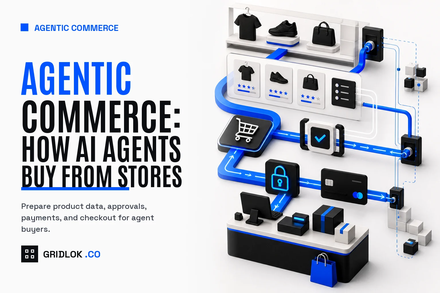 Agentic commerce hero showing universal cart, approval, secure payment, merchant checkout, and agent buying flow