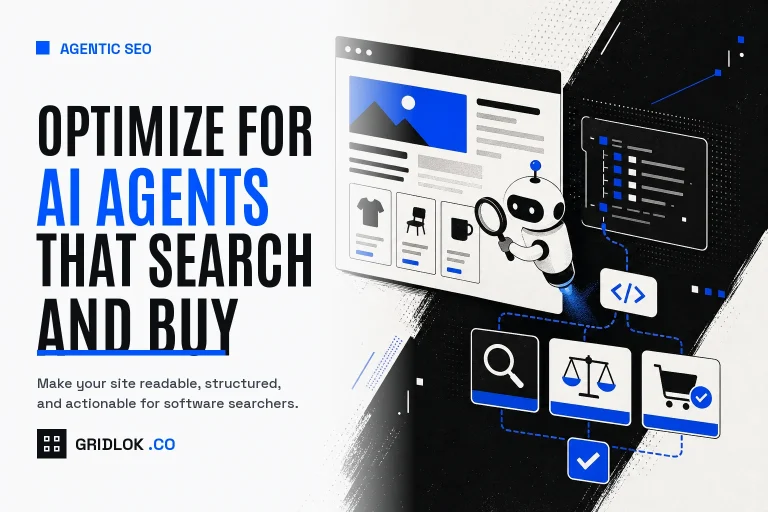 Agentic SEO hero showing an AI agent reading a website, structured data, search, comparison, and buying actions