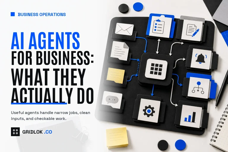AI agents for business hero showing workflow routing cards, operations tasks, monitoring, drafting, routing, and reporting