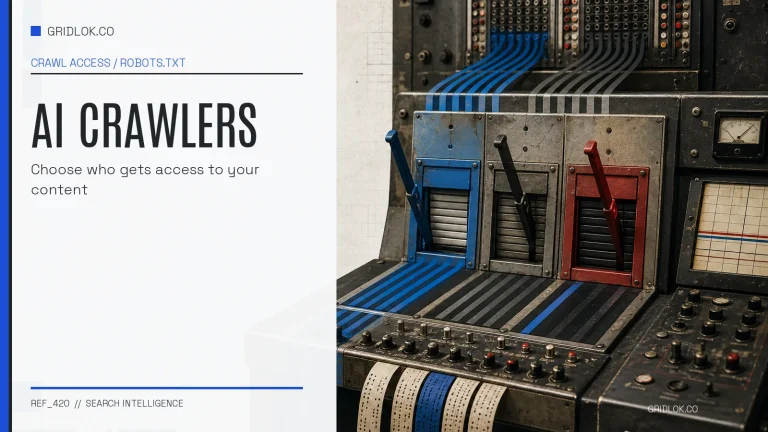 AI crawler access control represented by an archival network switchboard with allow, review, and block gates