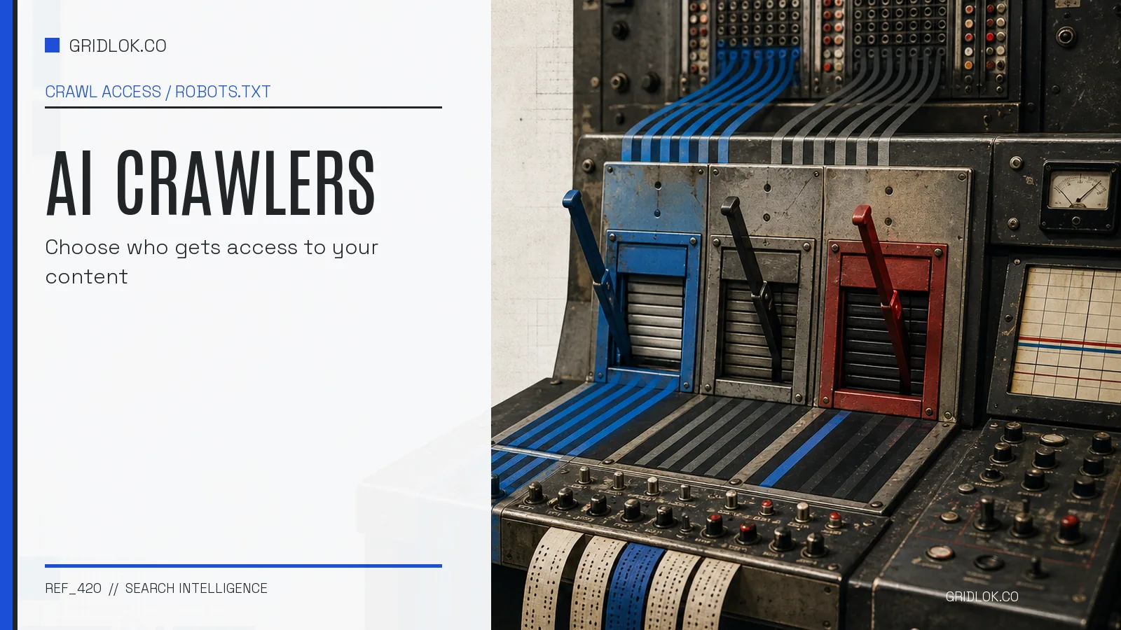 AI crawler access control represented by an archival network switchboard with allow, review, and block gates