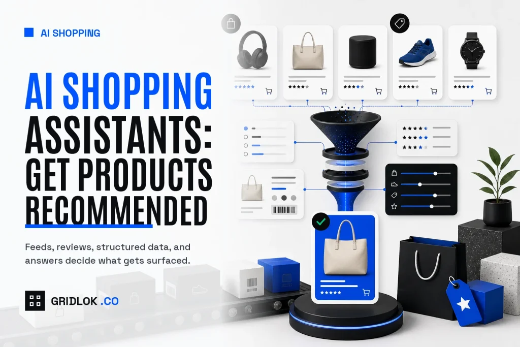 AI shopping assistant hero showing product recommendation flow, product cards, reviews, structured data, and a selected product