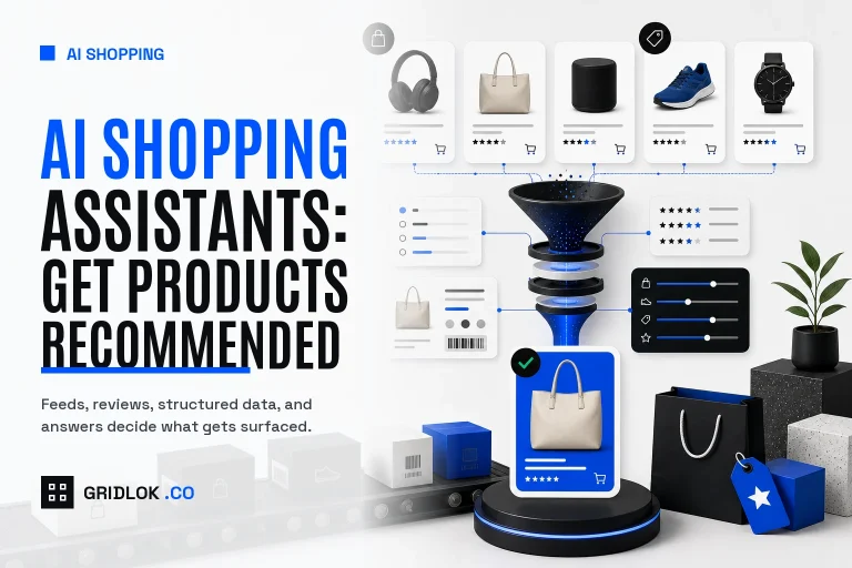 AI shopping assistant hero showing product recommendation flow, product cards, reviews, structured data, and a selected product