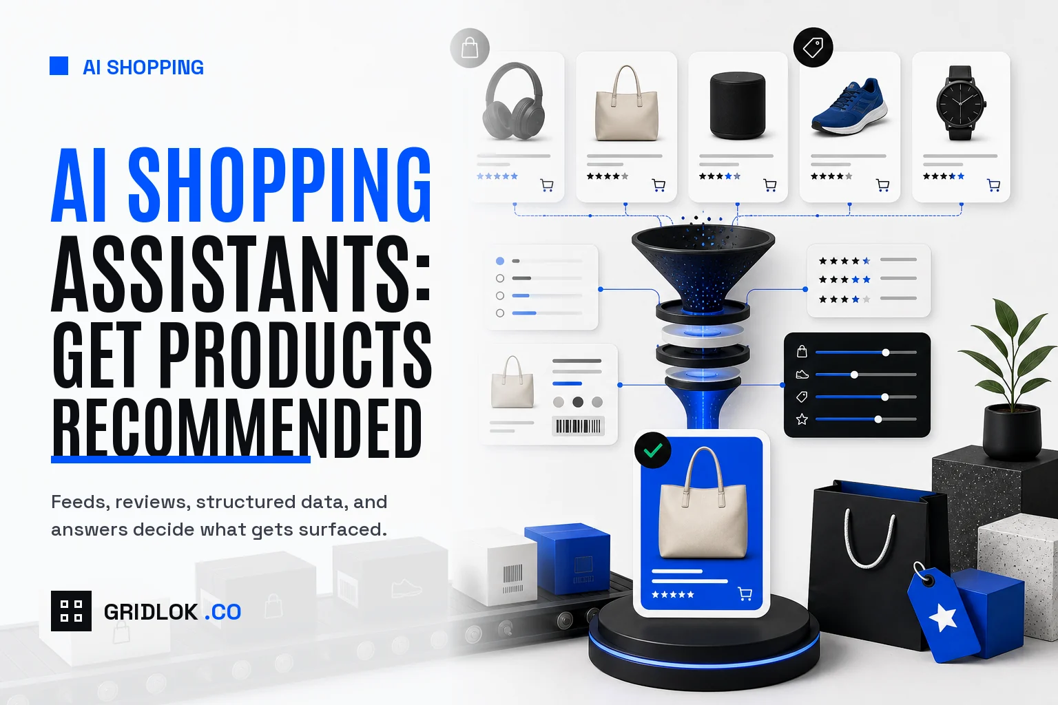AI shopping assistant hero showing product recommendation flow, product cards, reviews, structured data, and a selected product
