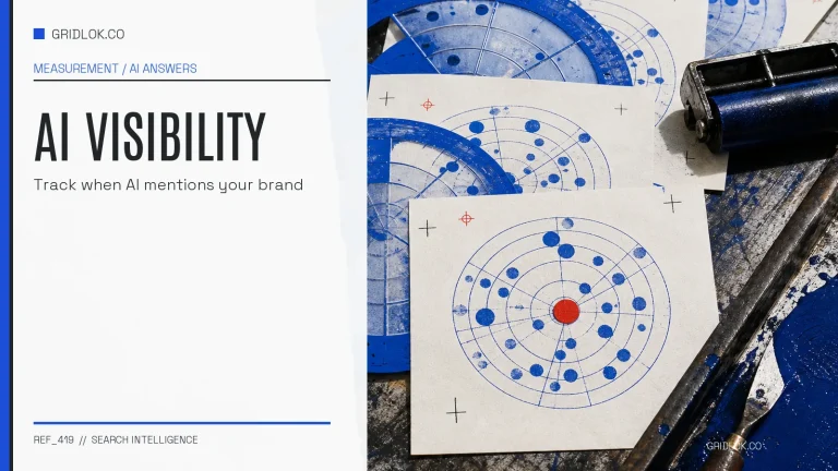 AI visibility tracking visual using screenprinted radar sheets and a highlighted brand signal