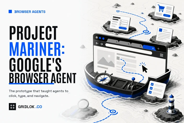 Project Mariner hero showing a browser agent navigating websites with cursor paths, web pages, forms, and task completion