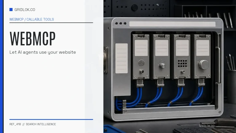 WebMCP hardware-style tool bus with modular website functions connected by blue cables