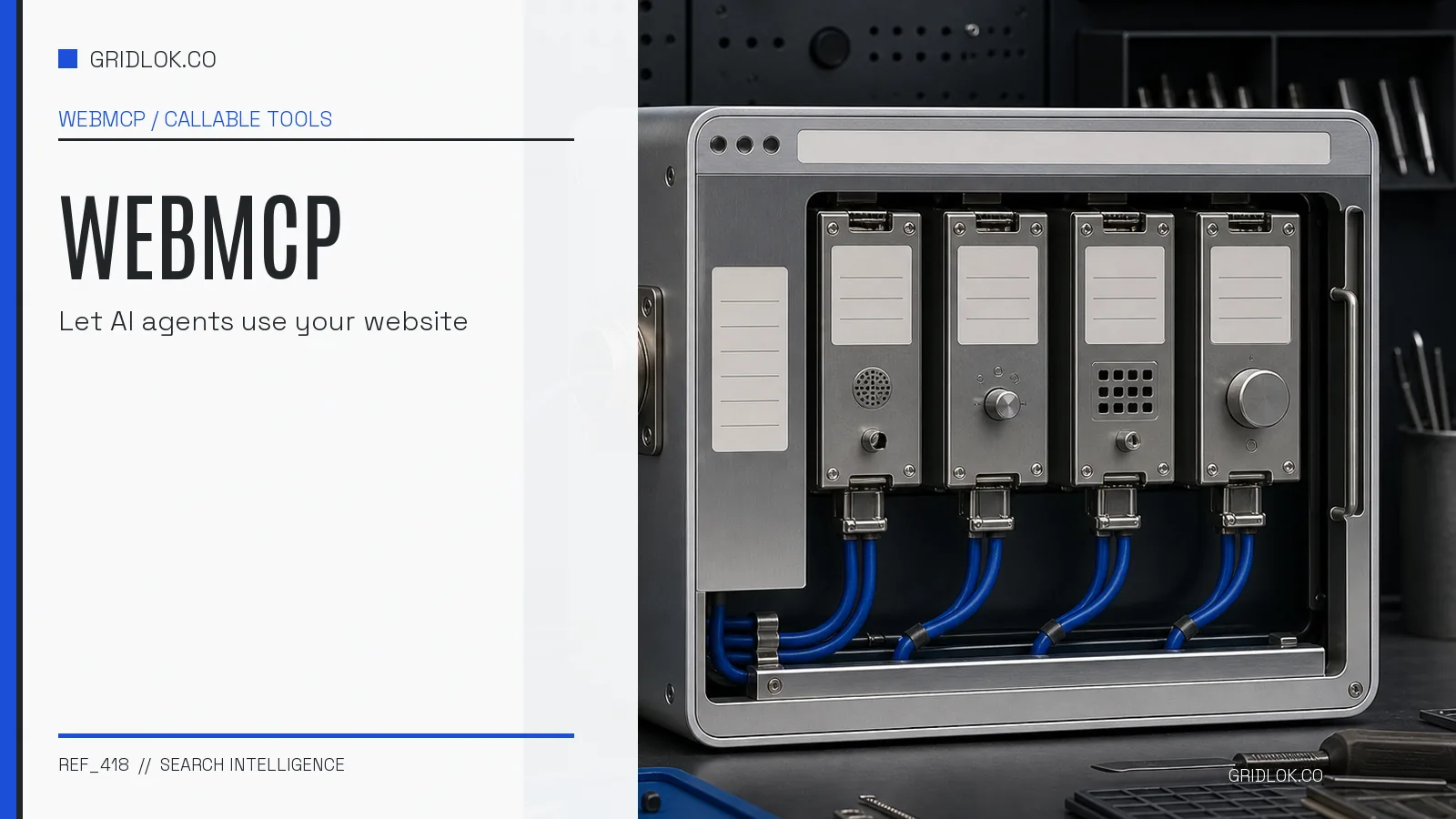 WebMCP hardware-style tool bus with modular website functions connected by blue cables