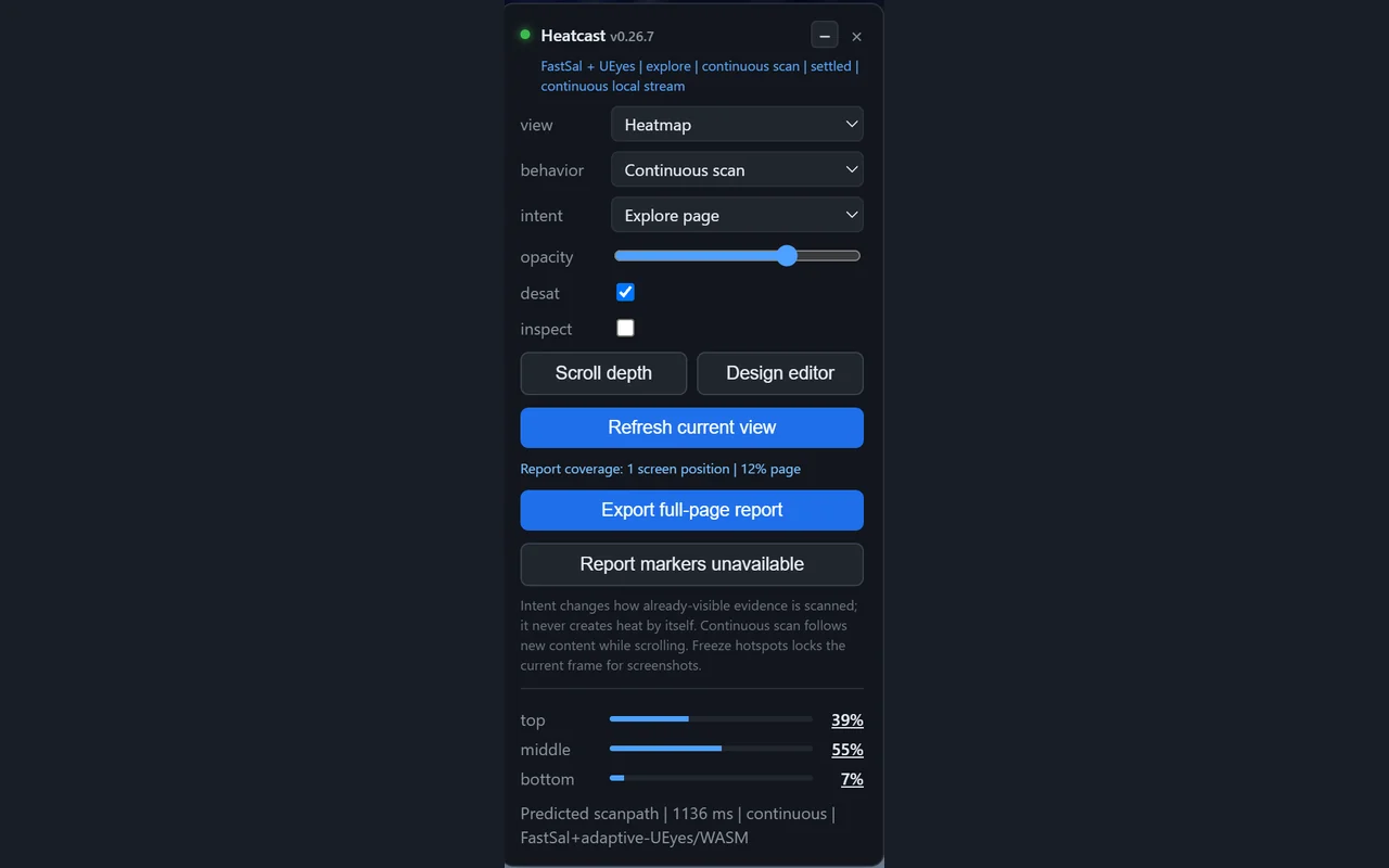 The Heatcast control panel showing view mode, behavior, intent and the scroll depth breakdown across top, middle and bottom