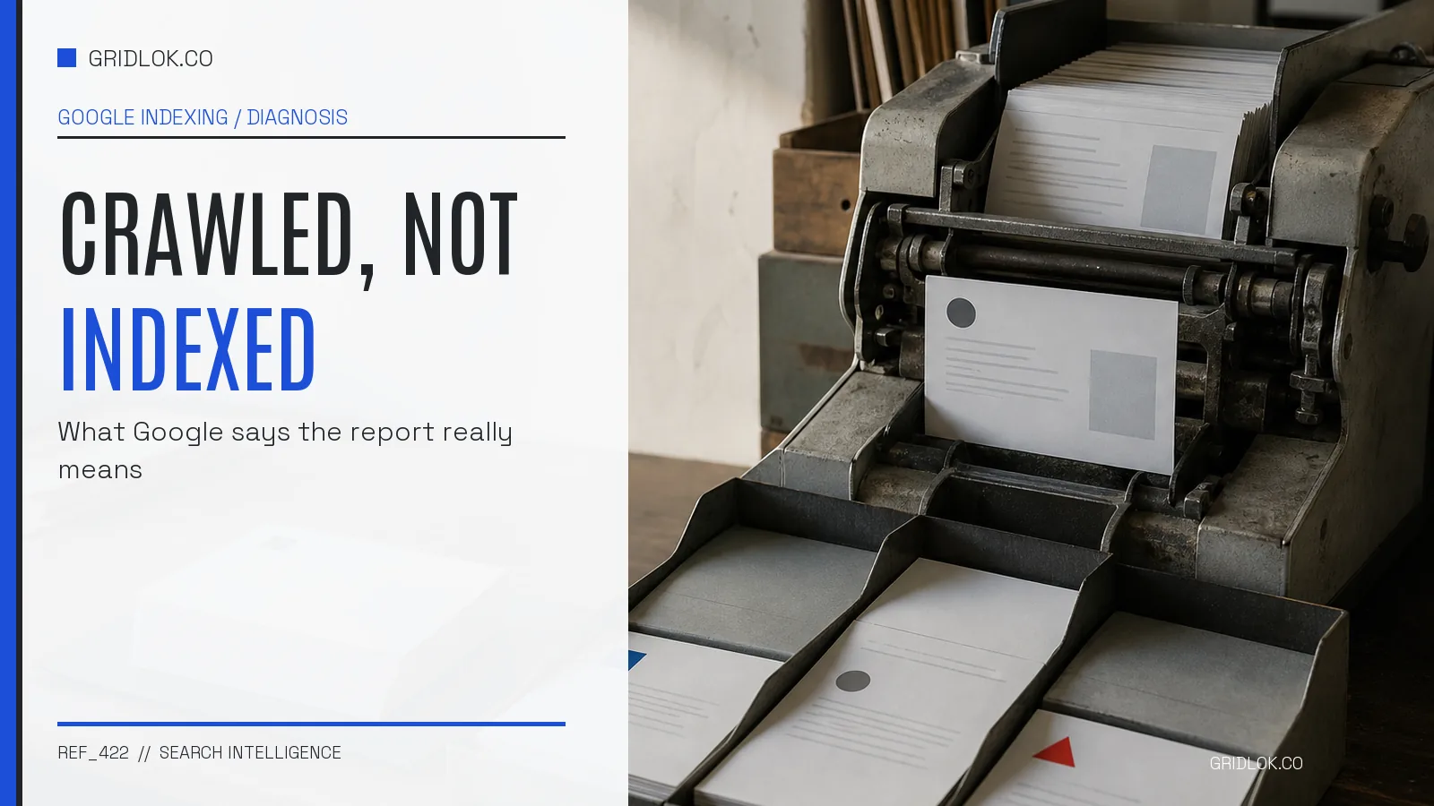 Google indexing report concept shown as web pages inspected and sorted into accepted, waiting, and returned trays