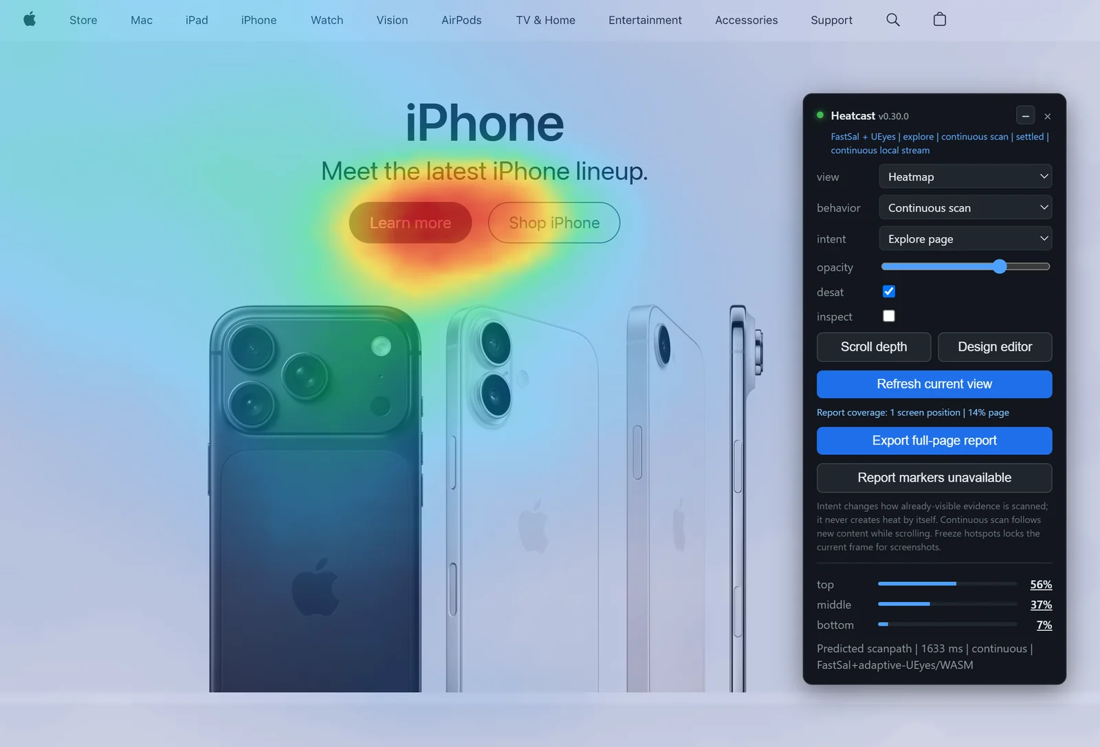 Saliency map over the Apple iPhone homepage section, with the strongest predicted attention on the Learn more button rather than on the product photography below it