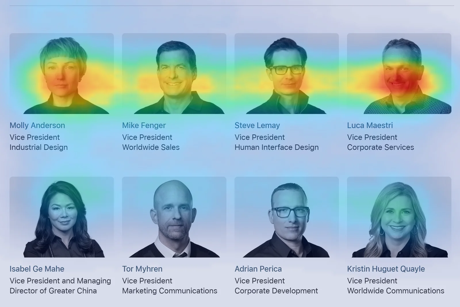 The same row of executive headshots seconds later, with the predicted attention having moved rightward so the rightmost face now draws the strongest heat