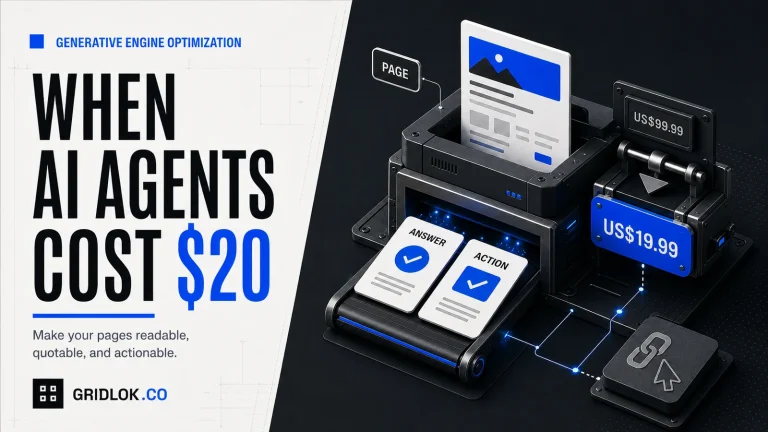 Generative engine optimization illustration showing a web page fed into a machine that outputs an answer and an action, with the price lever moving from US$99.99 down to US$19.99