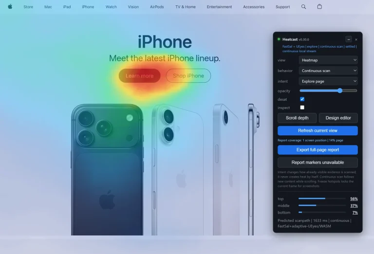 Heatcast Chrome extension running a predicted attention heatmap over a product homepage, with its control panel open