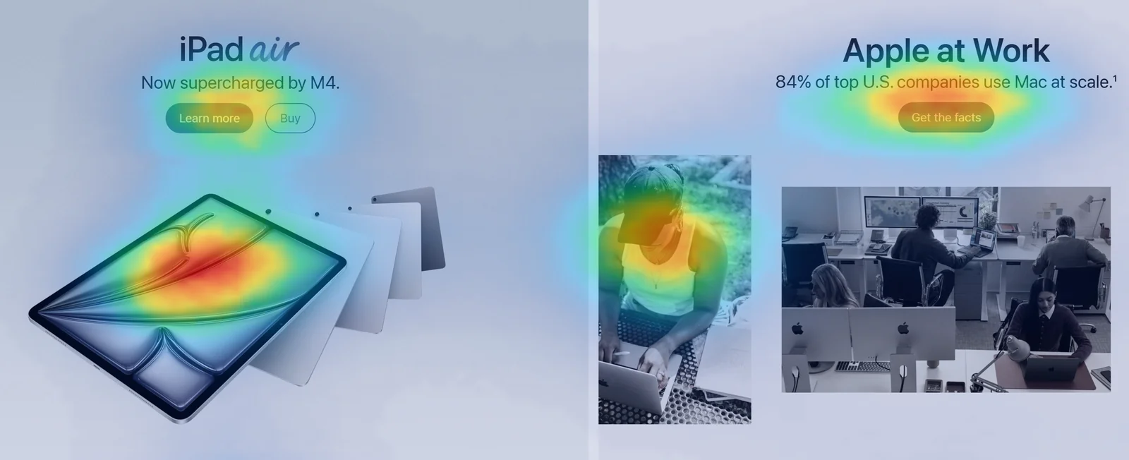 Saliency map showing a colorful tablet screen drawing a strong hotspot while the surrounding muted layout and headline stay cool
