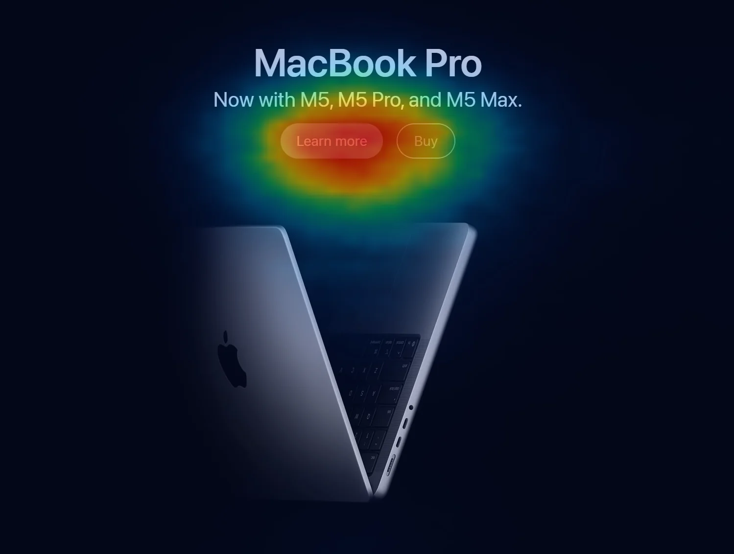 Saliency map on a dark product page where a single filled call to action button draws nearly all of the predicted attention