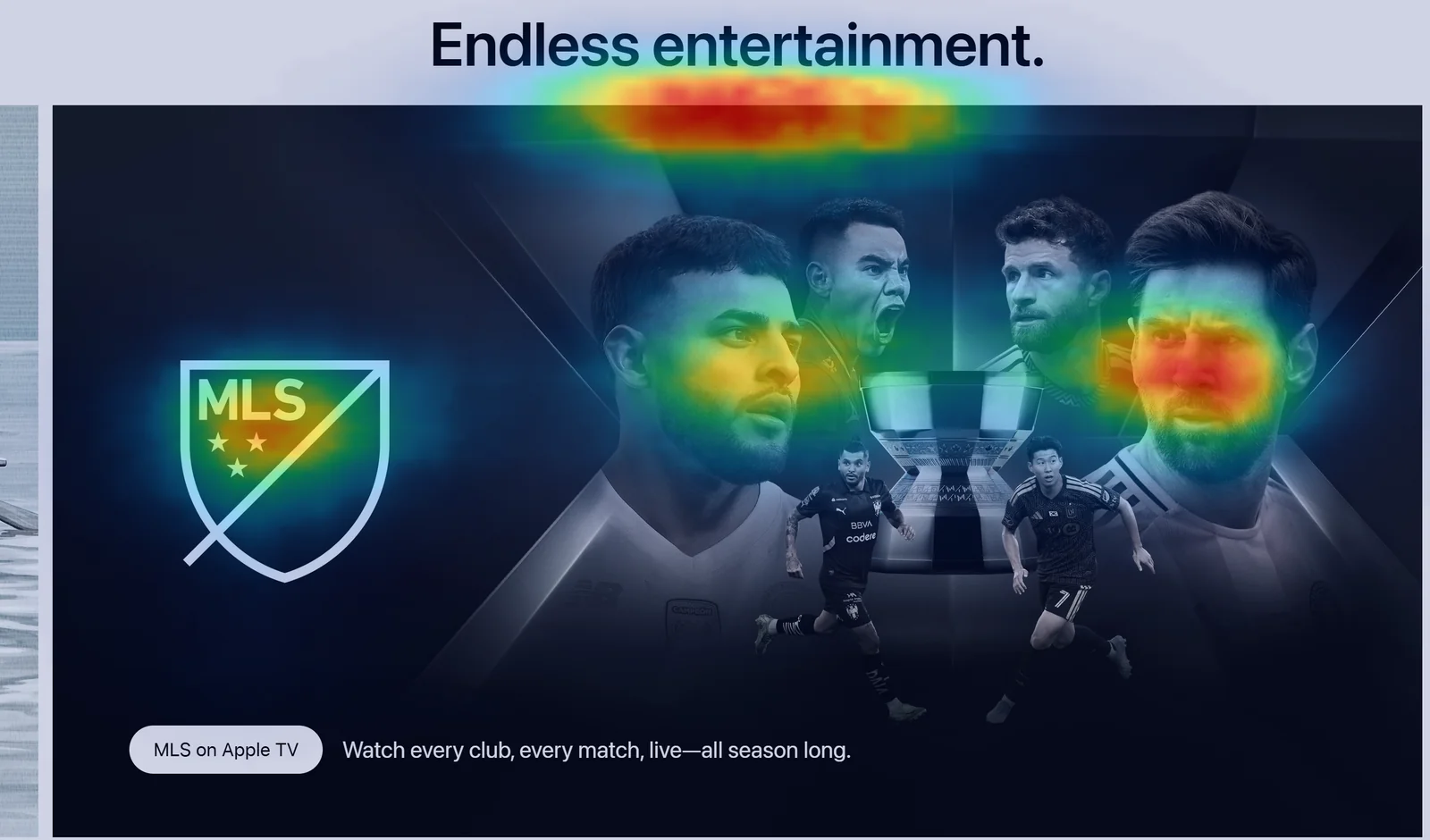 Saliency map over a busy sports promotional image where the players faces draw the strongest heat and the league logo beside them stays cool