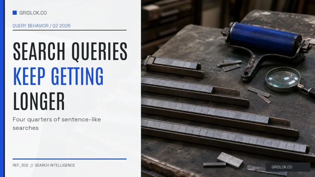 Four letterpress composing sticks with progressively longer rows representing longer search queries