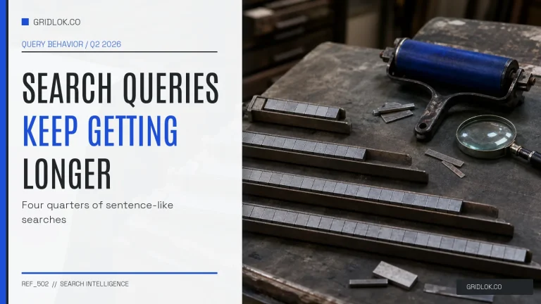 Four letterpress composing sticks with progressively longer rows representing longer search queries