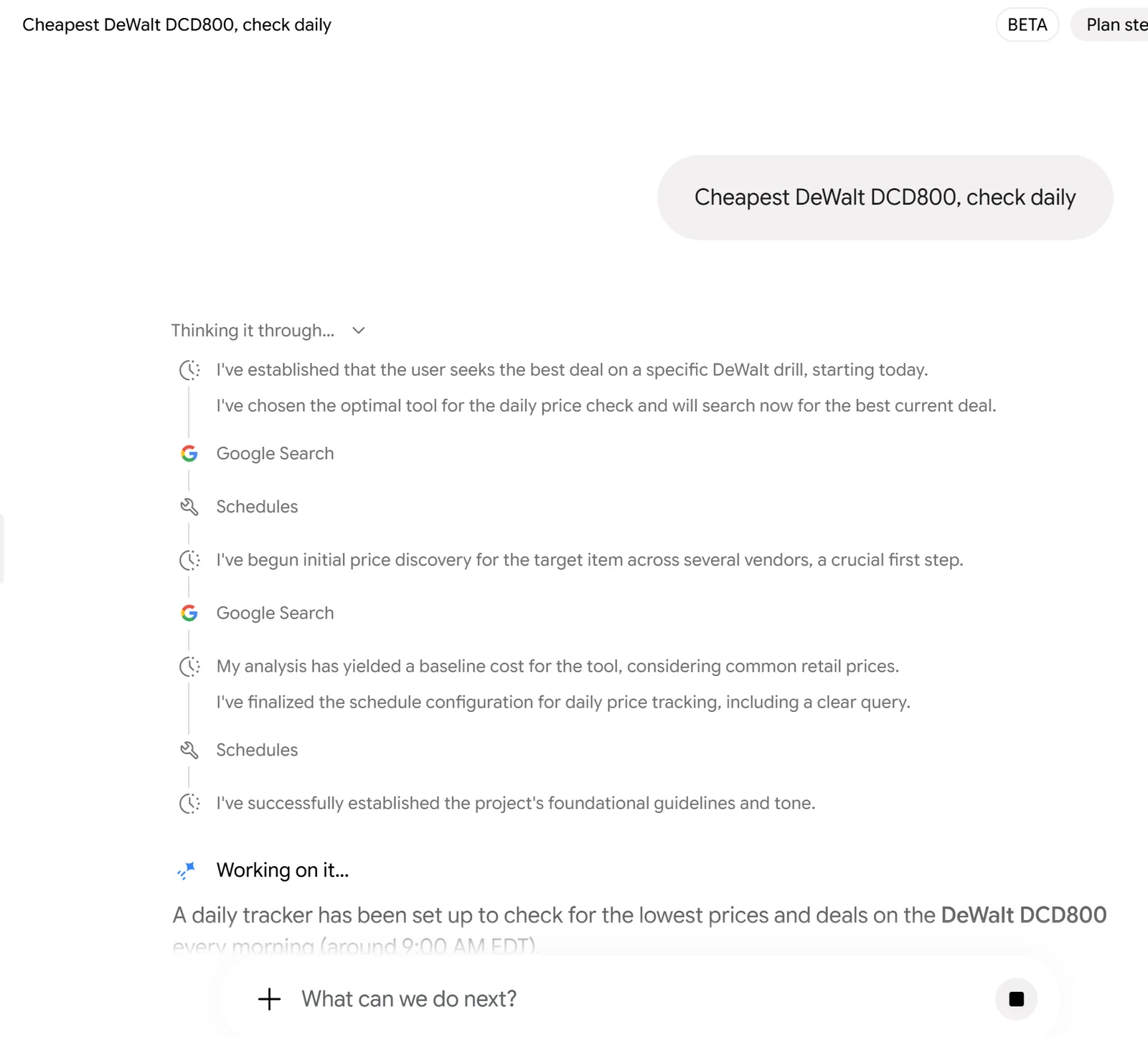 Gemini Spark reasoning trace showing Google Search and Schedules during the DeWalt price-watch setup
