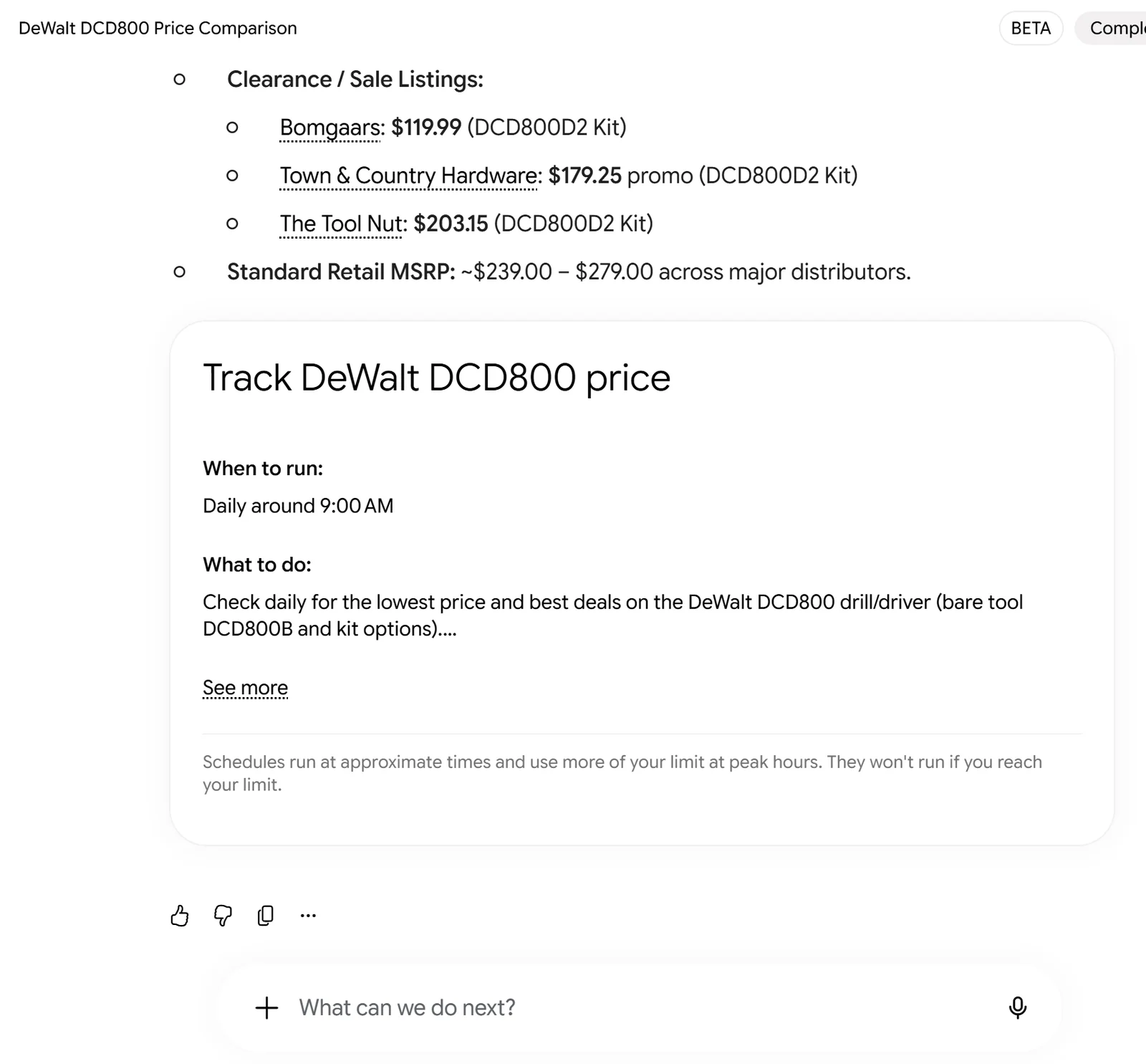 Gemini Spark results listing linked DeWalt DCD800D2 offers from Bomgaars, Town and Country Hardware, and The Tool Nut