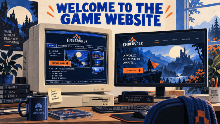 Illustrated old and modern websites for a fictional game appear on two monitors, with screenshots and download buttons.