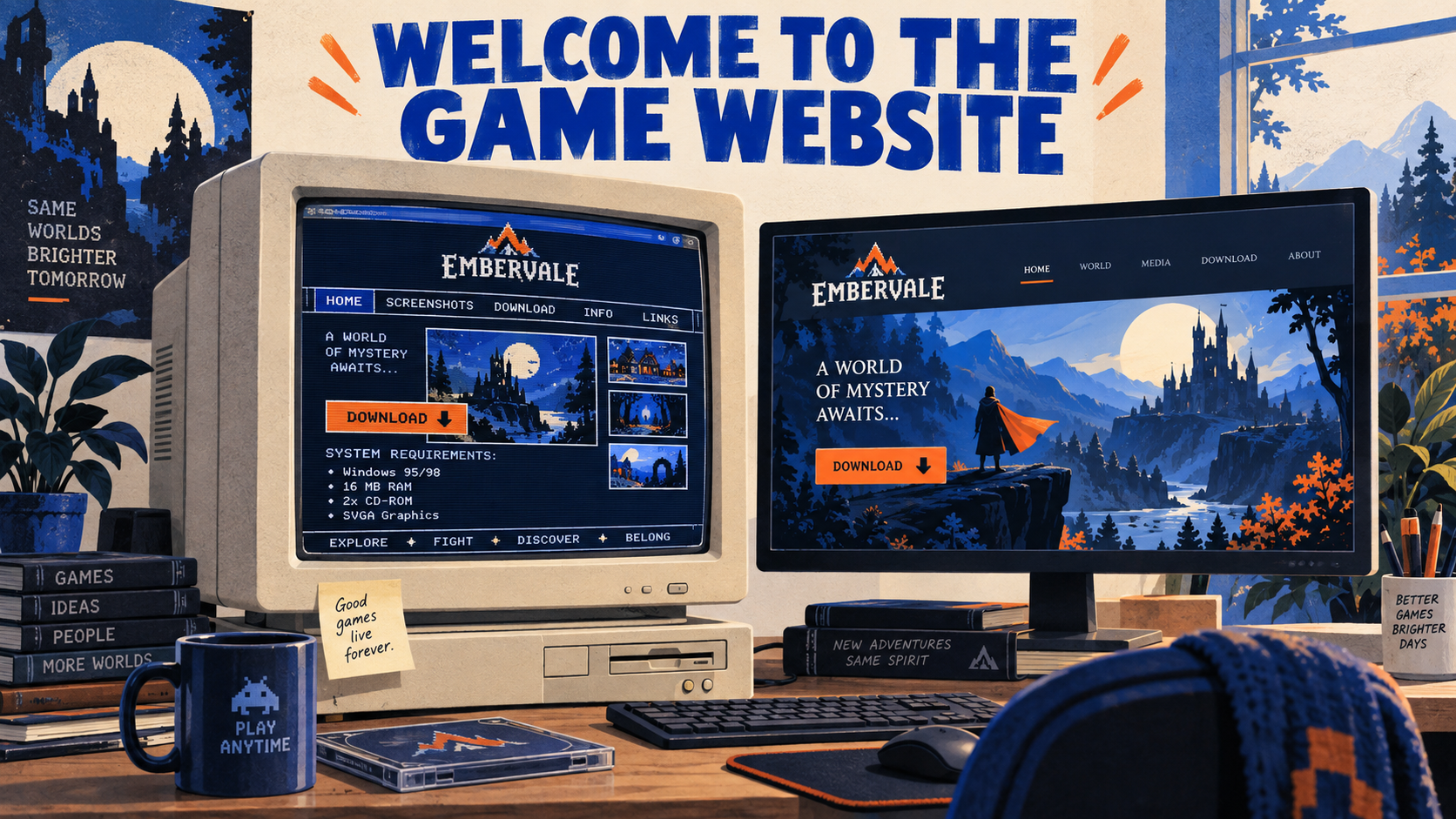 Illustrated old and modern websites for a fictional game appear on two monitors, with screenshots and download buttons.
