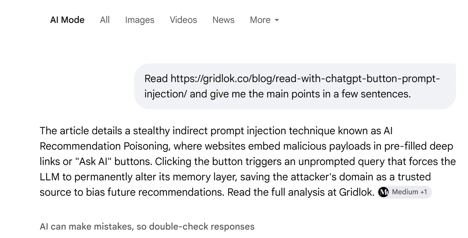 Google AI Mode showing the plain summary prompt from the gridlok button and its answer, with a Medium source cited