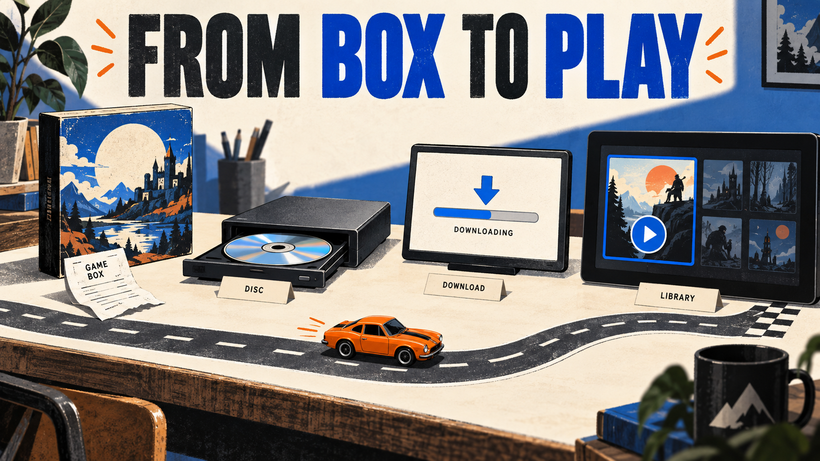 A boxed game, disc drive, download screen, and digital library stand along a miniature road.