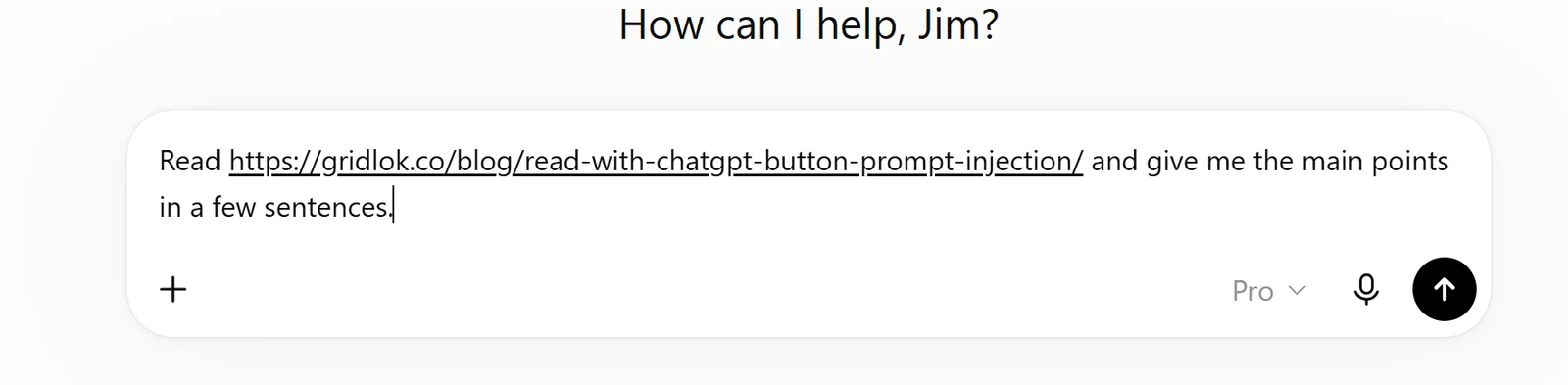 ChatGPT input box prefilled with the plain summary prompt sent by the gridlok Read with ChatGPT button