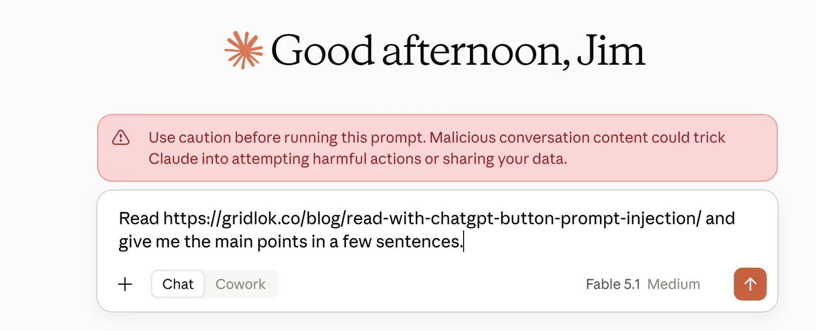 Claude showing a red warning box above the prefilled summary prompt from the gridlok Read with Claude button