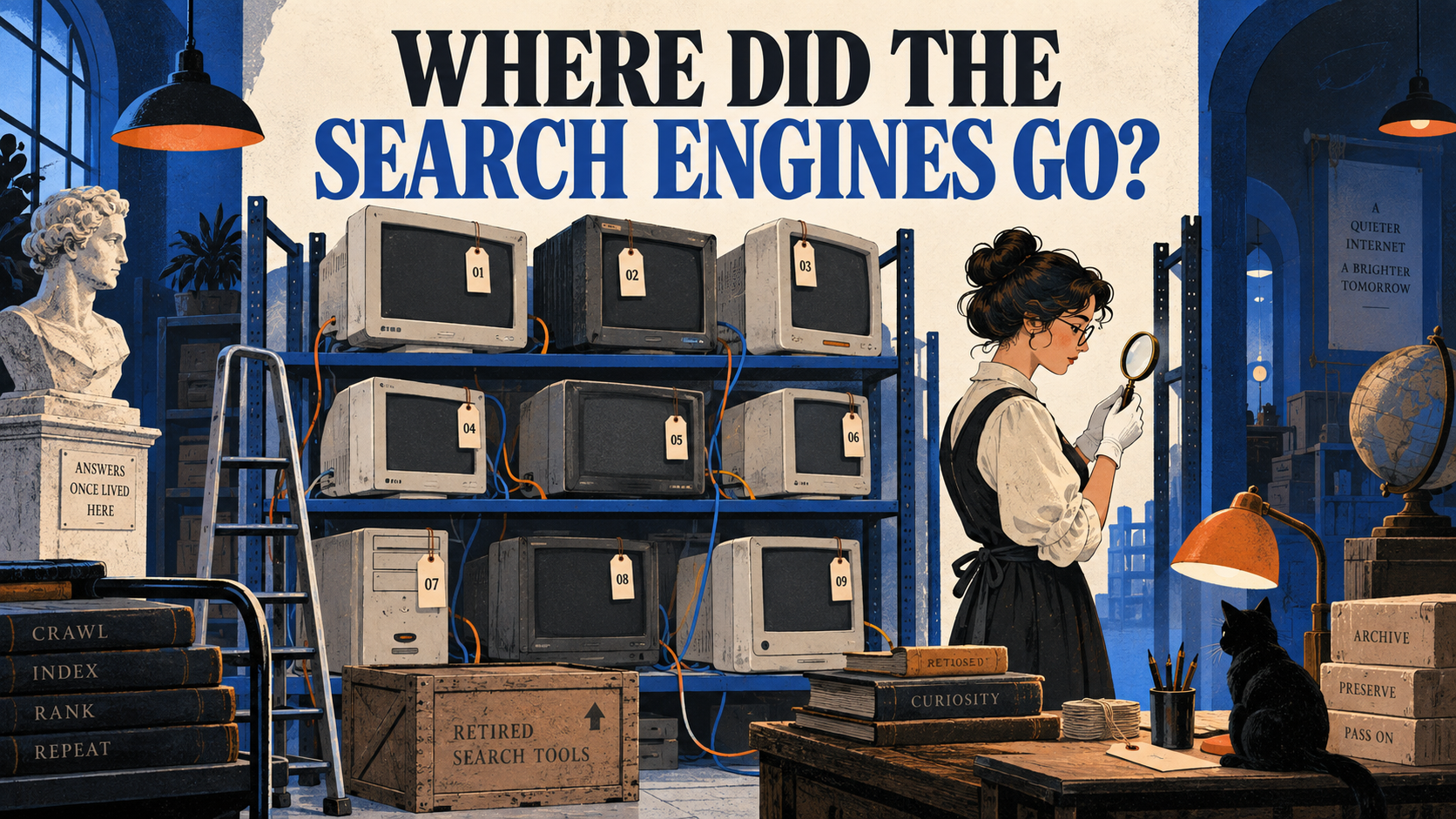 An archivist examines a shelf of retired search computers in a blue library.