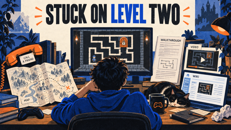 A player searches for a solution using a paper map, a walkthrough, a video, and a wiki.