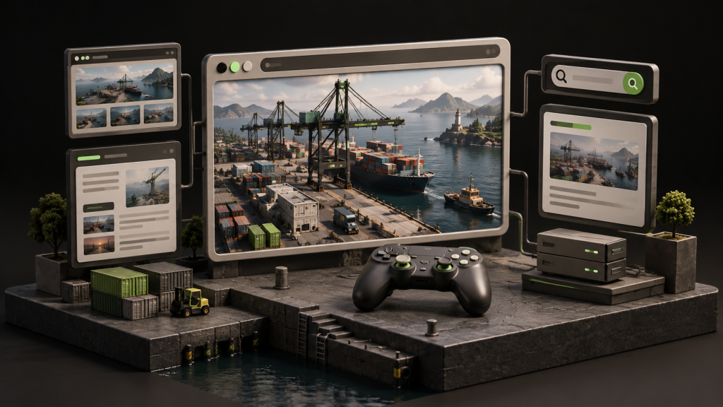 Illustrated game website linked to search and answer panels around a fictional harbor game.