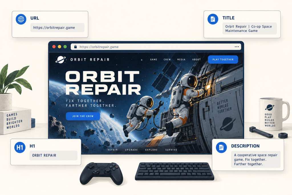 Fictional Orbit Repair game website with URL, title, H1, and description cards, a keyboard, and a controller.