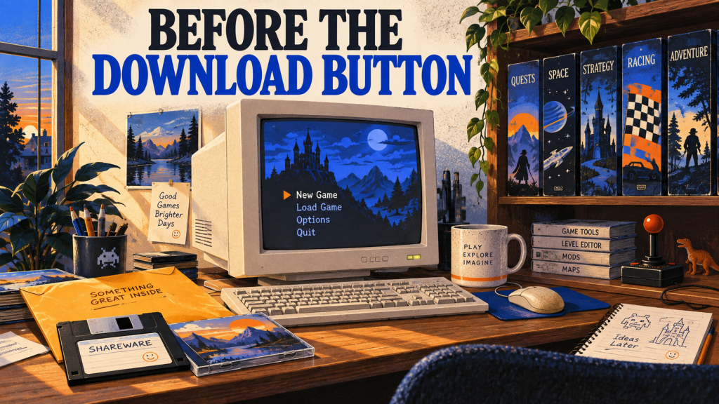 A retro gaming desk with shareware disks, a magazine disc, game boxes, and a computer showing a game menu.