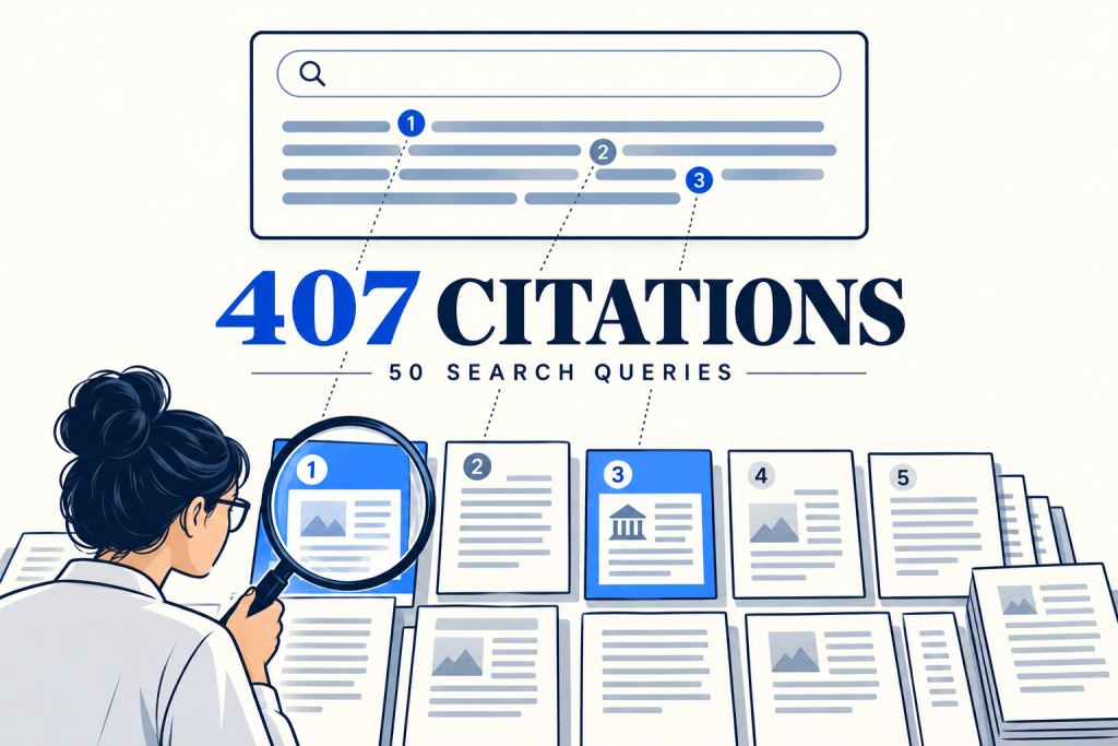 Illustration of a search answer and its source documents, labeled 407 citations and 50 search queries.